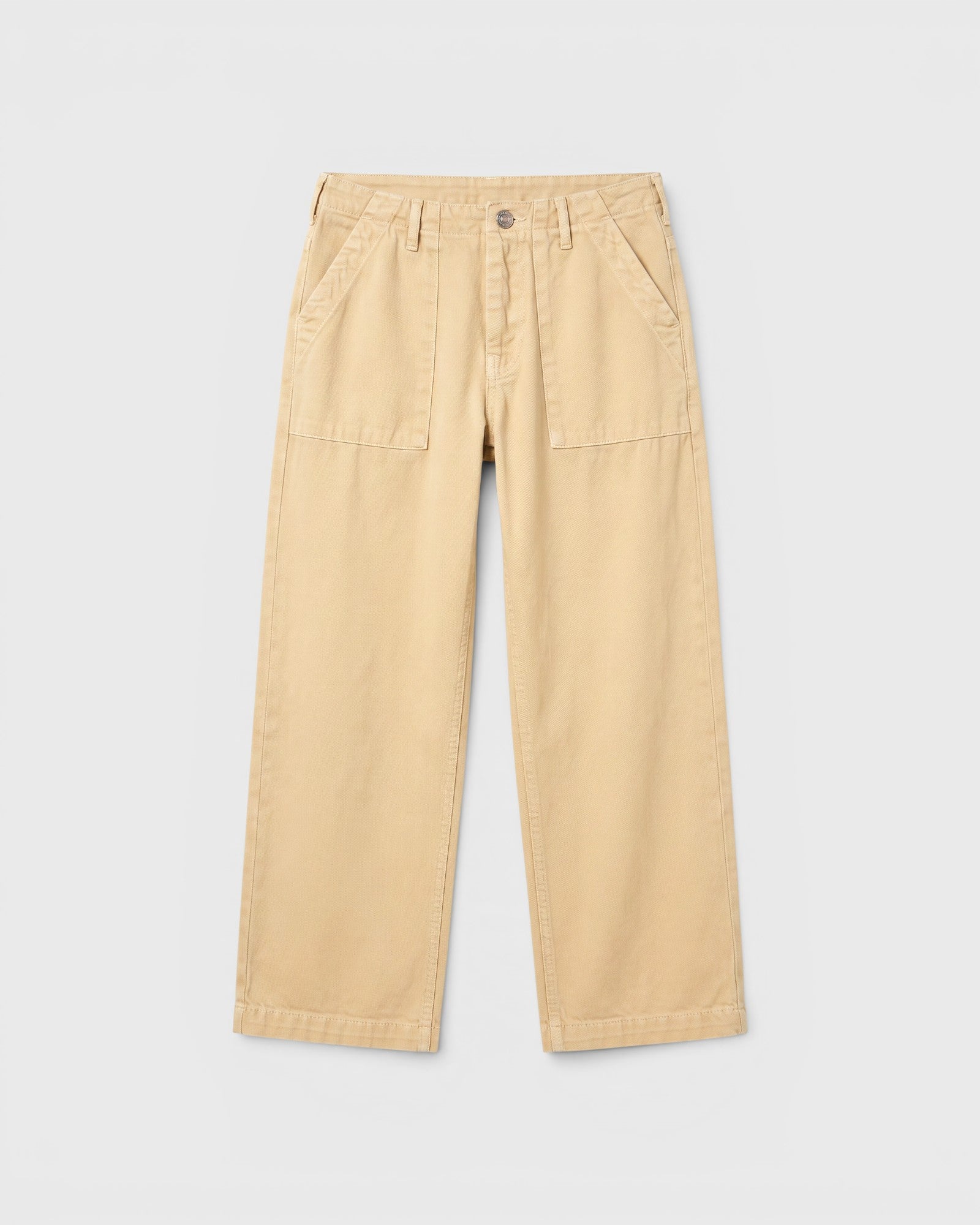 JONES + CO Alex midrise utility jeans in sand cotton with straight leg and front patch pockets