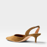 JONES + CO Sebastian slingback heels in cigar brown nappa leather with a pointed toe and mid-height kitten heel.