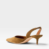 JONES + CO Sebastian slingback heels in cigar brown nappa leather with a pointed toe and mid-height kitten heel.