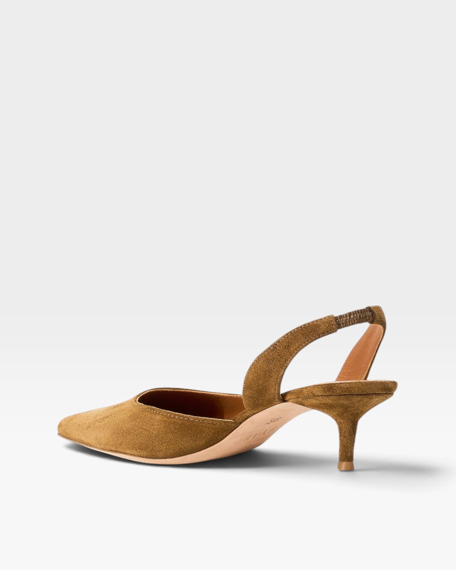 JONES + CO Sebastian slingback heels in cigar brown nappa leather with a pointed toe and mid-height kitten heel.