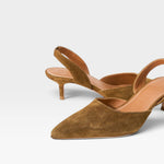 JONES + CO Sebastian cigar brown nappa leather slingback heels with a pointed toe and mid-height kitten heel.