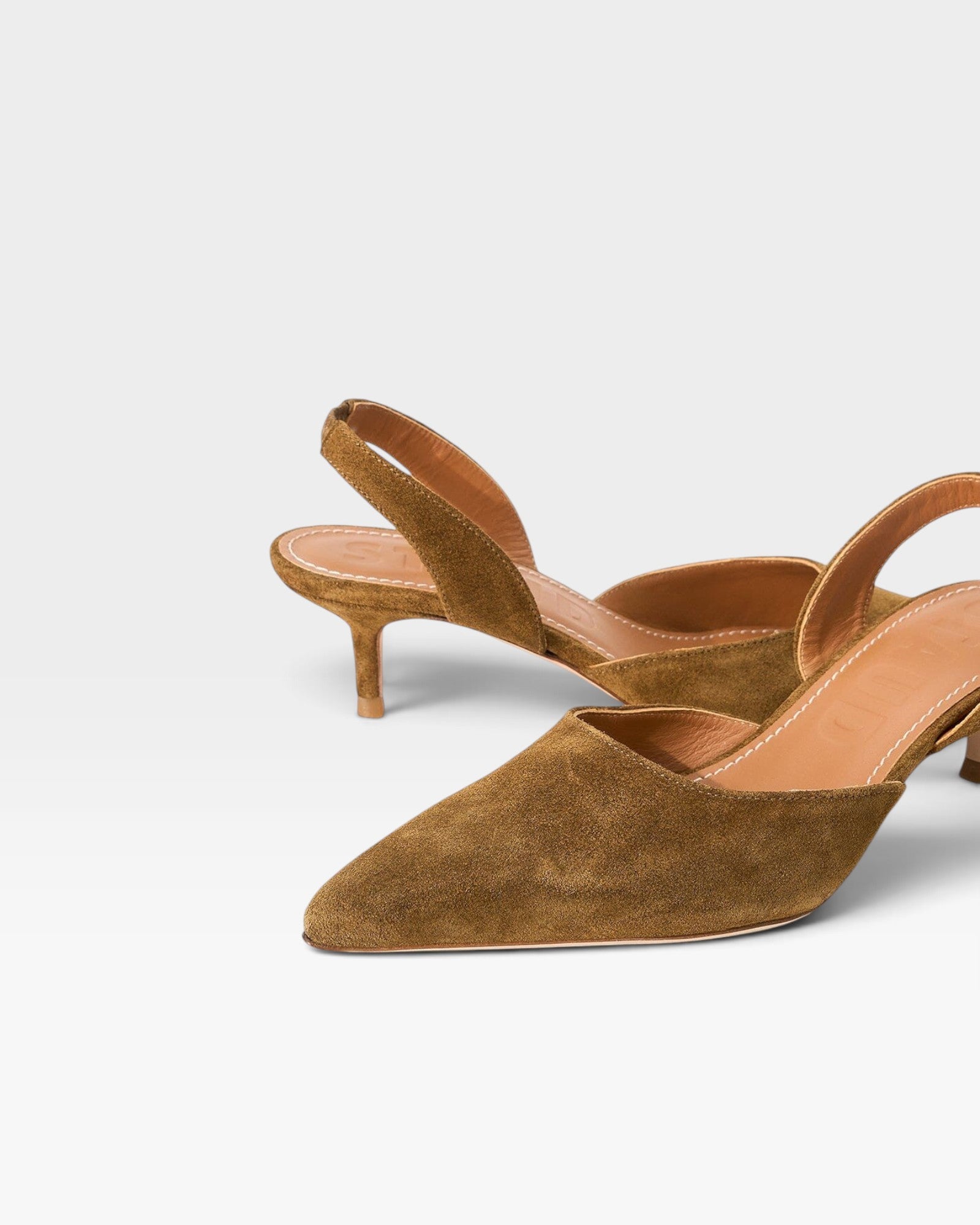 JONES + CO Sebastian cigar brown nappa leather slingback heels with a pointed toe and mid-height kitten heel.
