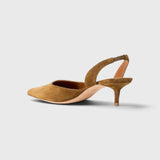 JONES + CO Sebastian slingback heel in cigar brown suede with a pointed toe and slim kitten heel, side view.