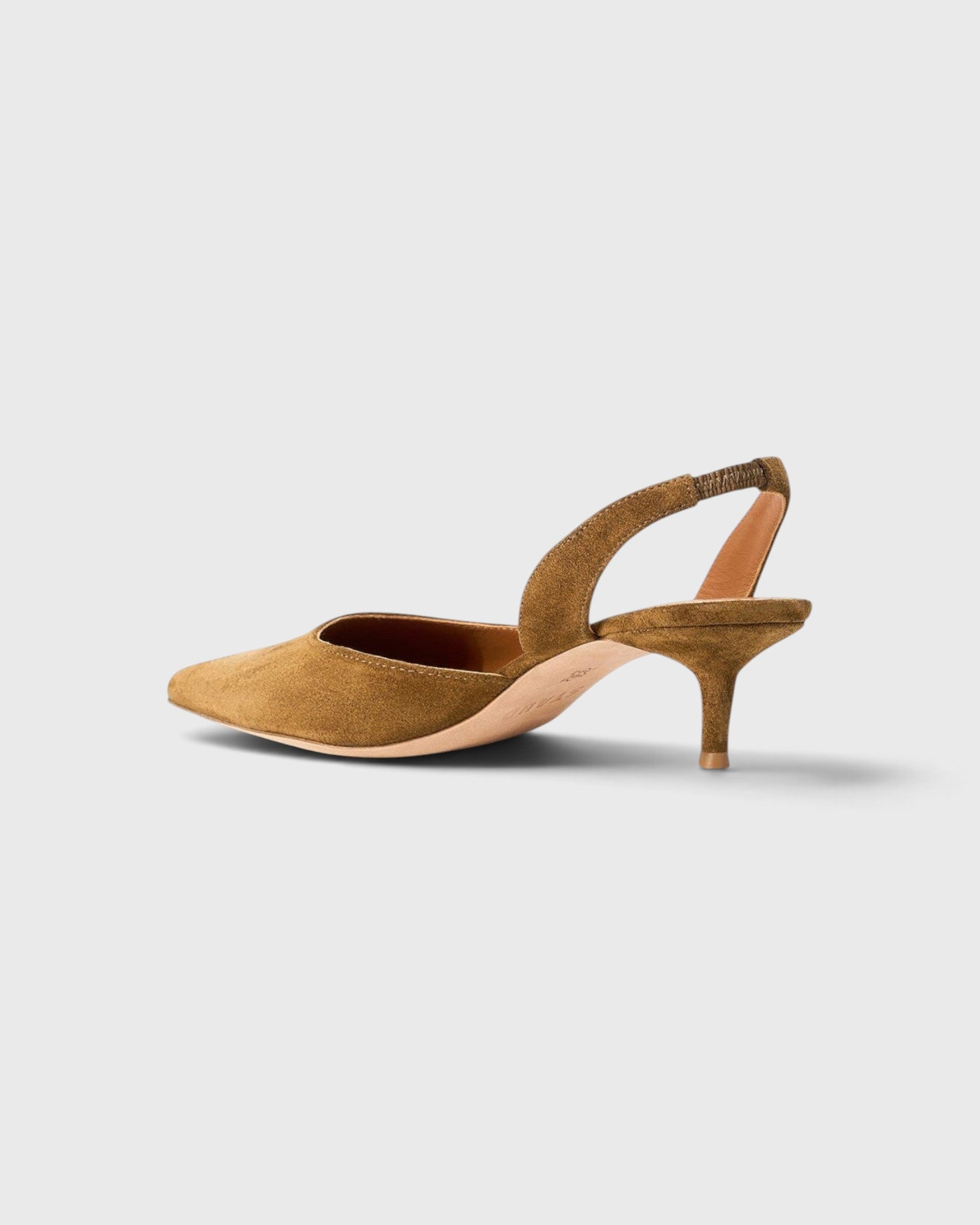 JONES + CO Sebastian slingback heel in cigar brown suede with a pointed toe and slim kitten heel, side view.