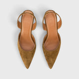 JONES + CO Sebastian slingback heels in cigar brown suede with a pointed toe and slim kitten heel, top view.