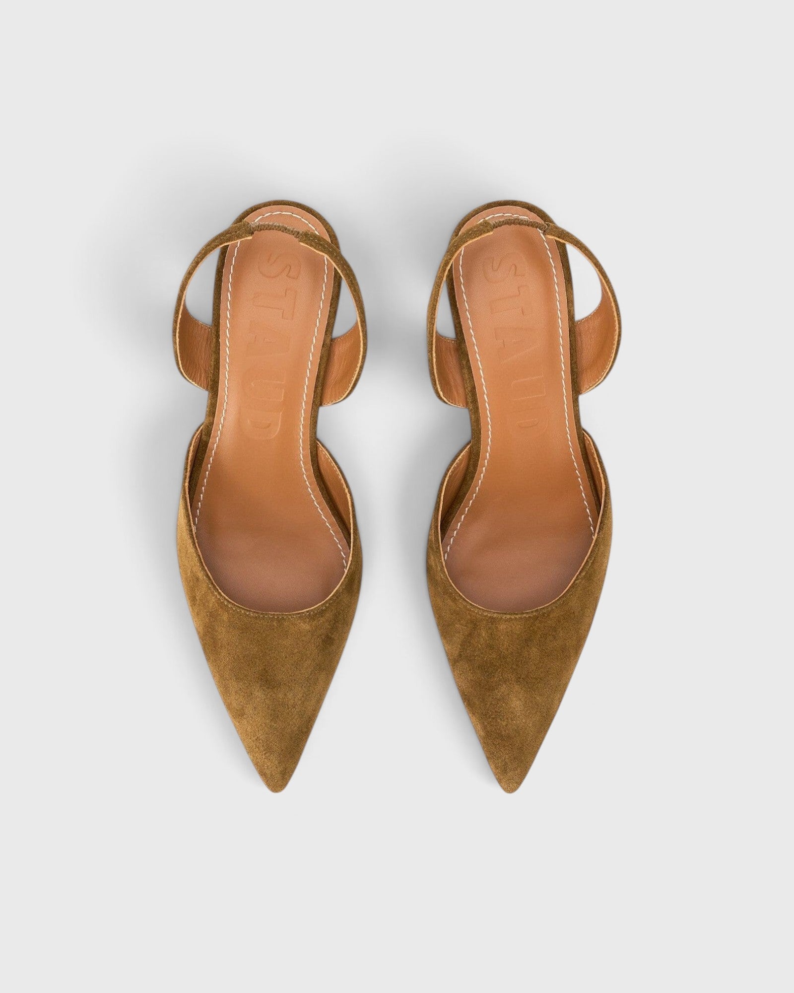 JONES + CO Sebastian slingback heels in cigar brown suede with a pointed toe and slim kitten heel, top view.