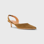 JONES + CO Sebastian slingback heels in cigar brown suede with a pointed toe and slim kitten heel.