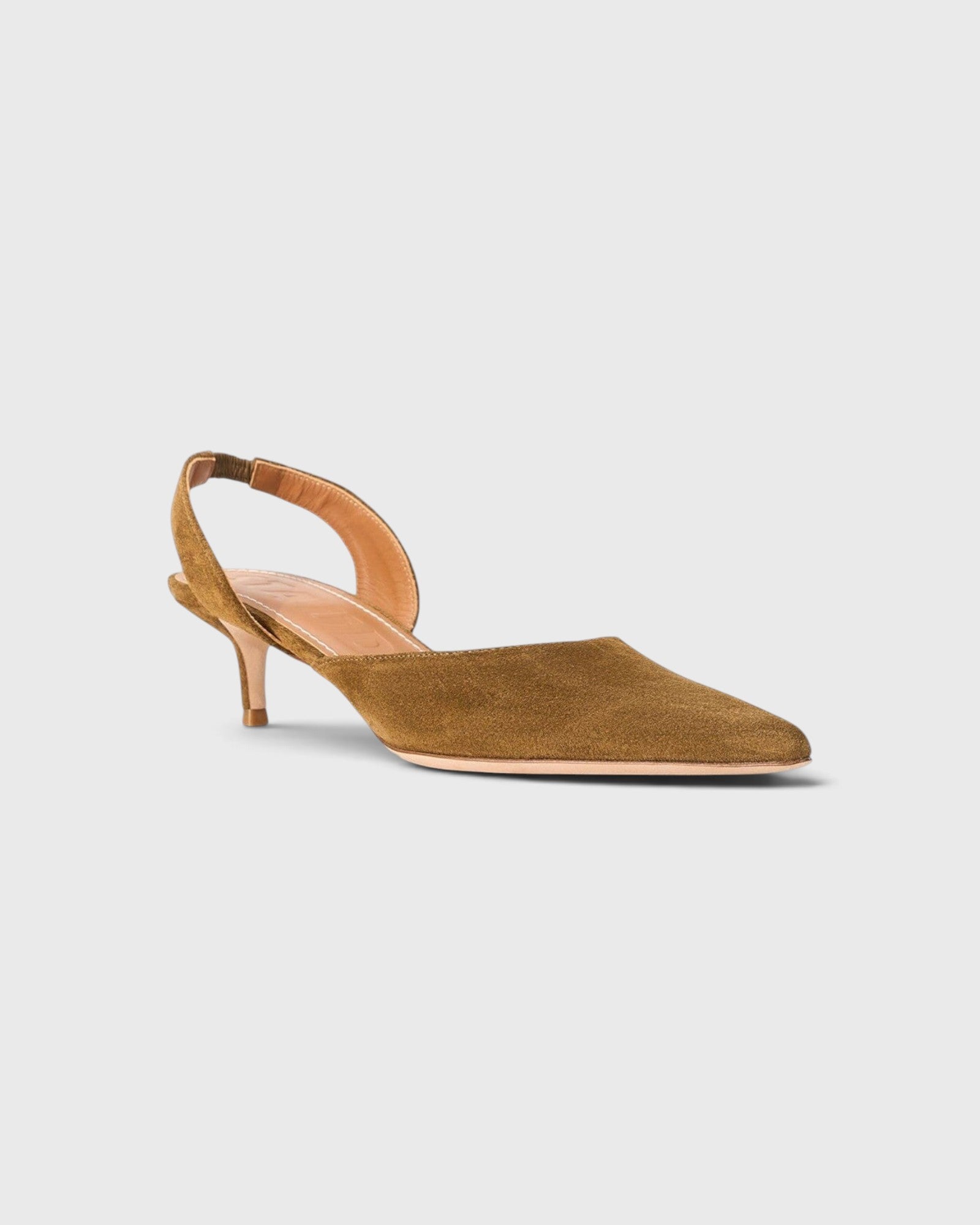 JONES + CO Sebastian slingback heels in cigar brown suede with a pointed toe and slim kitten heel.