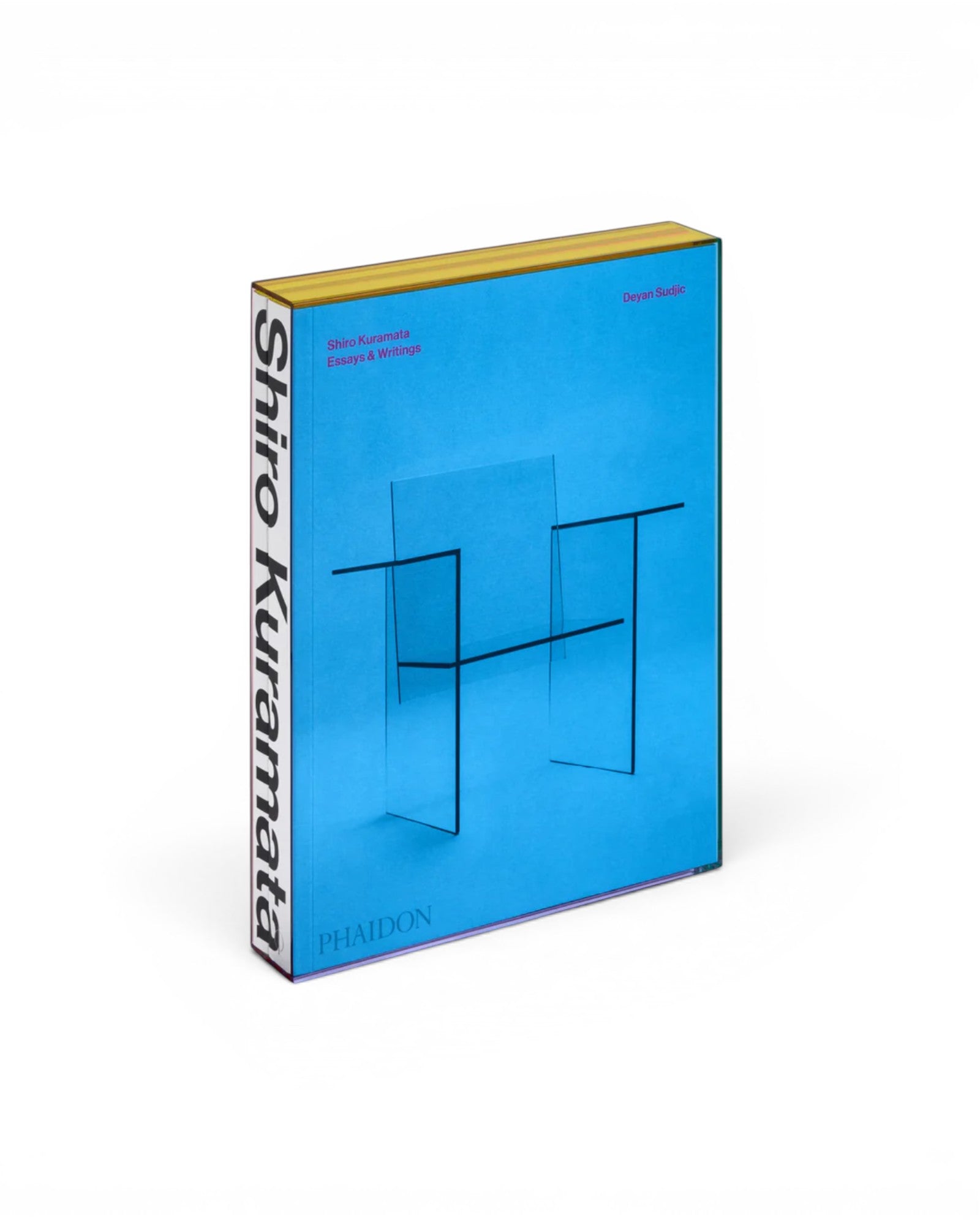 JONES + CO Shiro Kuramata monograph book set in a translucent blue acrylic slipcase with black typography.