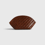 JONES + CO Elin sienna brown calfskin pouch featuring a woven braided pattern and a secure zip closure