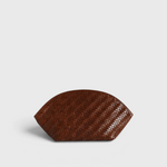JONES + CO Elin sienna brown calfskin pouch featuring a woven braided pattern and a secure zip closure