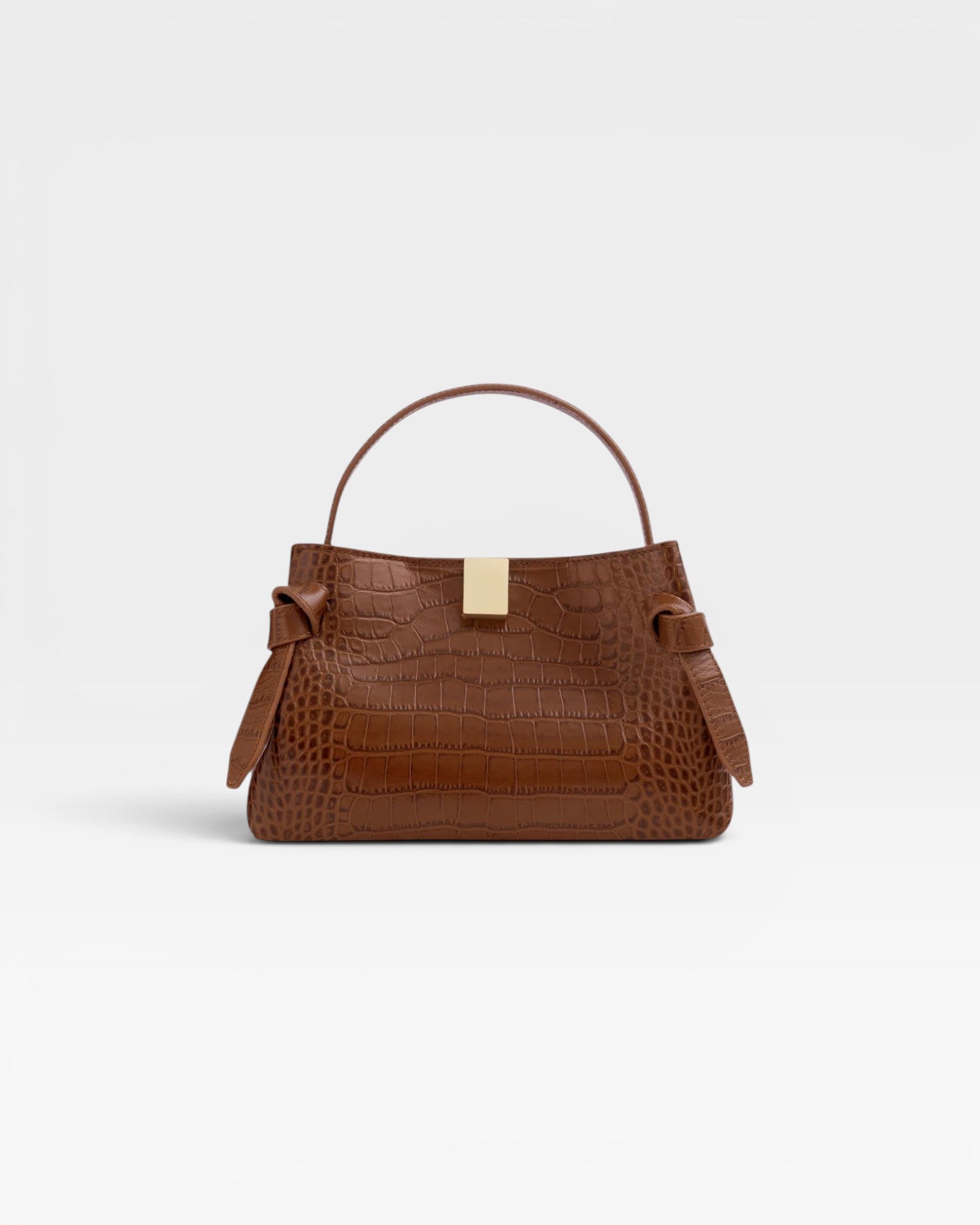 JONES + CO Gyoza Mini handbag in sierra brown embossed Italian leather with gold-tone hardware and top handle.