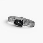JONES + CO Jane Small watch with a silver woven mesh bracelet and a compact oval black dial.