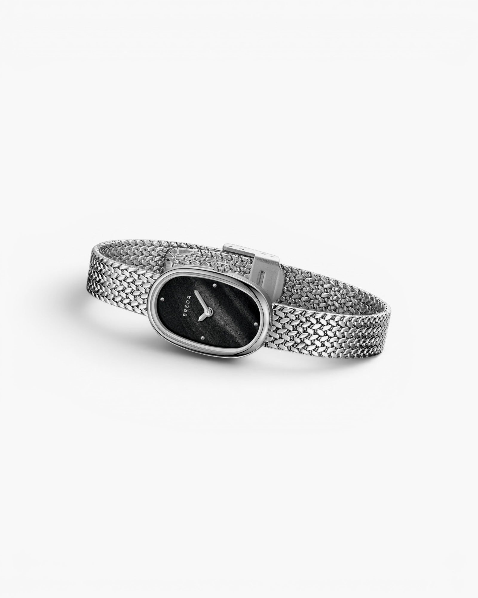 JONES + CO Jane Small watch with a silver woven mesh bracelet and a compact oval black dial.