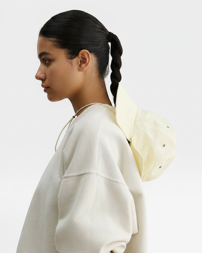 JONES + CO Skipper Hat in bone, a packable sun hat made of 100% nylon with a drawstring.