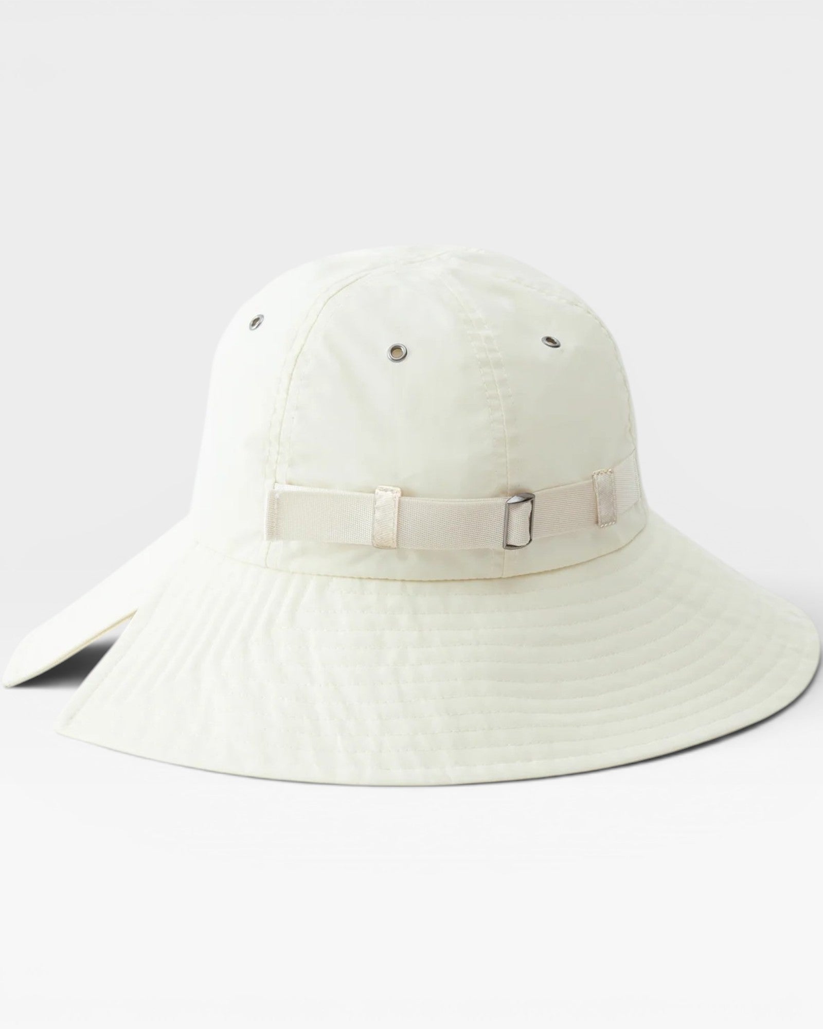 JONES + CO Skipper Hat in bone white recycled nylon with adjustable strap and buckle detail.