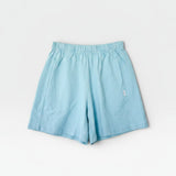 JONES + CO sky blue 100% cotton heavy weight flared basketball shorts with elastic waistband and mid-thigh length.