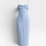 JONES + CO sky blue Manon wool midi dress with slim straps, draped neckline, and fitted waist silhouette.