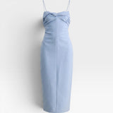 JONES + CO sky blue Manon wool midi dress with slim straps, draped neckline, and fitted waist silhouette.