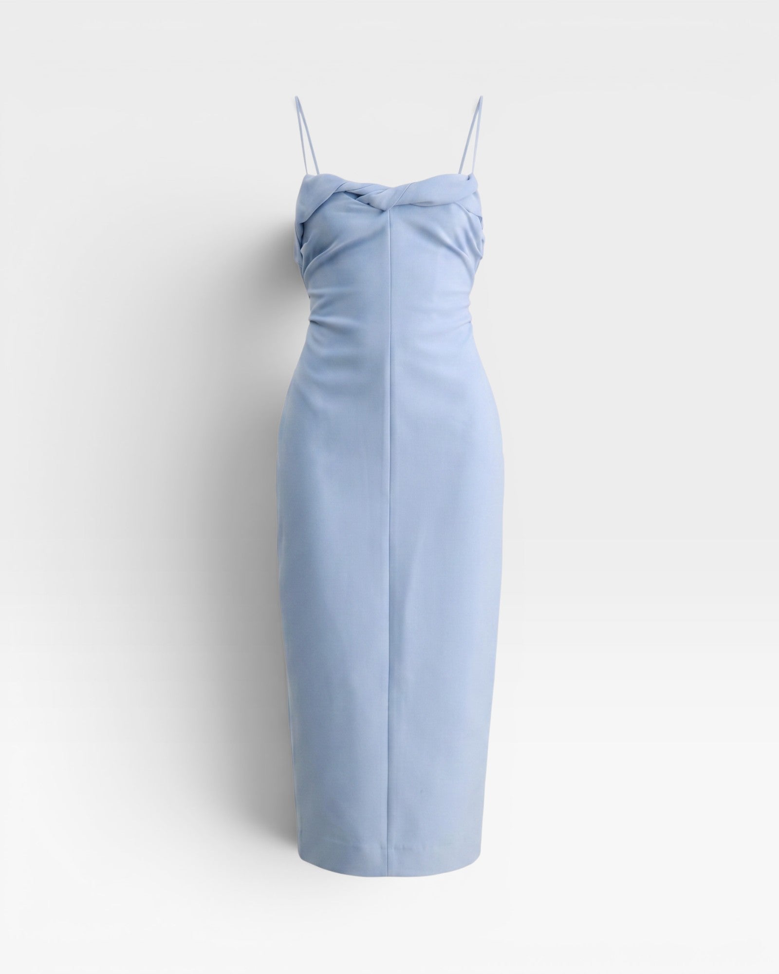 JONES + CO sky blue Manon wool midi dress with slim straps, draped neckline, and fitted waist silhouette.