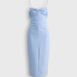 JONES + CO sky blue Manon wool midi dress with slim straps, draped neckline, and fitted waist silhouette.