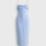 JONES + CO sky blue Manon wool midi dress with slim straps, draped neckline, and fitted waist silhouette.