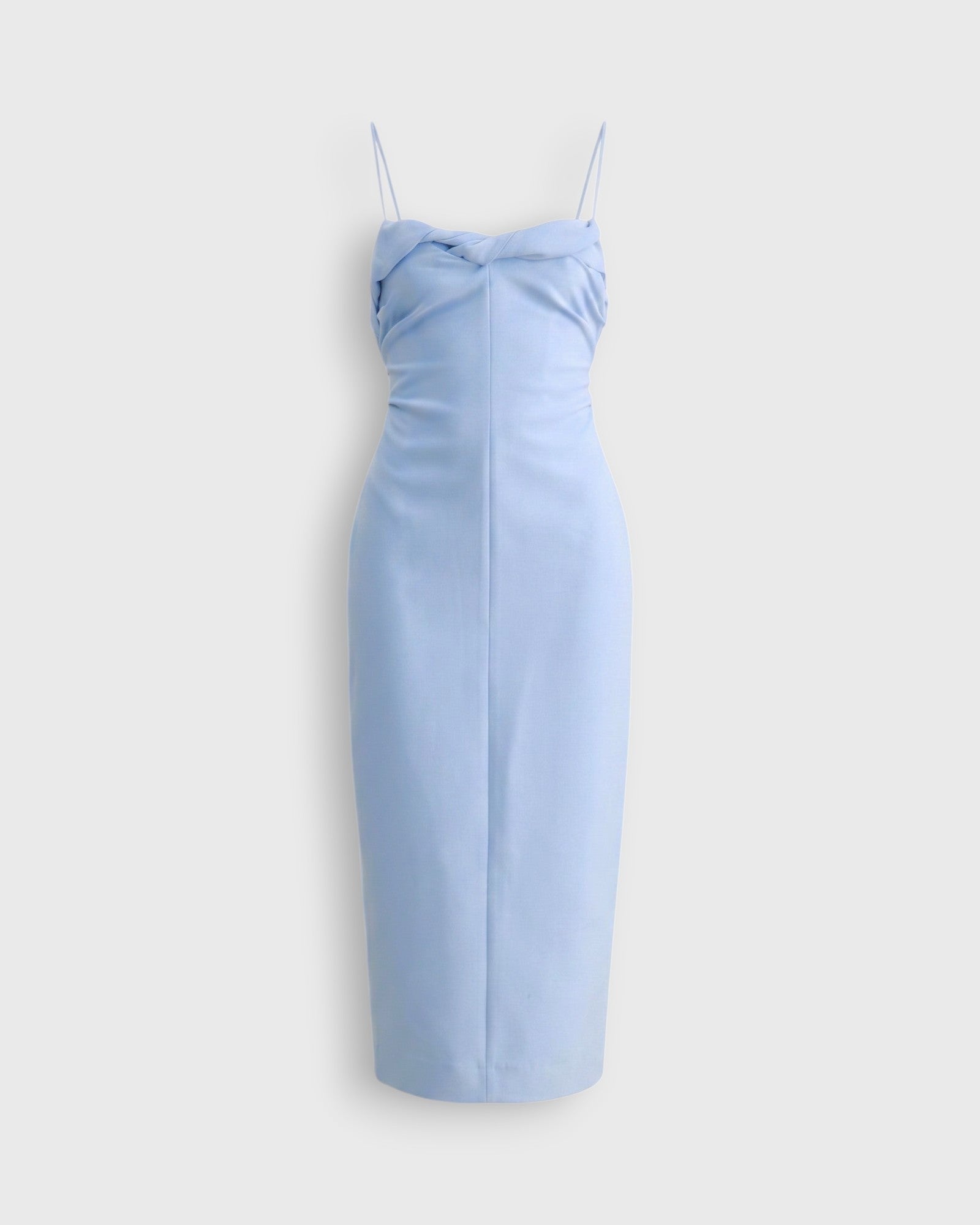JONES + CO sky blue Manon wool midi dress with slim straps, draped neckline, and fitted waist silhouette.