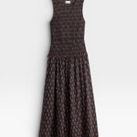JONES + CO brown smocked maxi dress with block print polka dot pattern and sleeveless design.