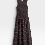JONES + CO brown smocked maxi dress with block print polka dot pattern and sleeveless design.