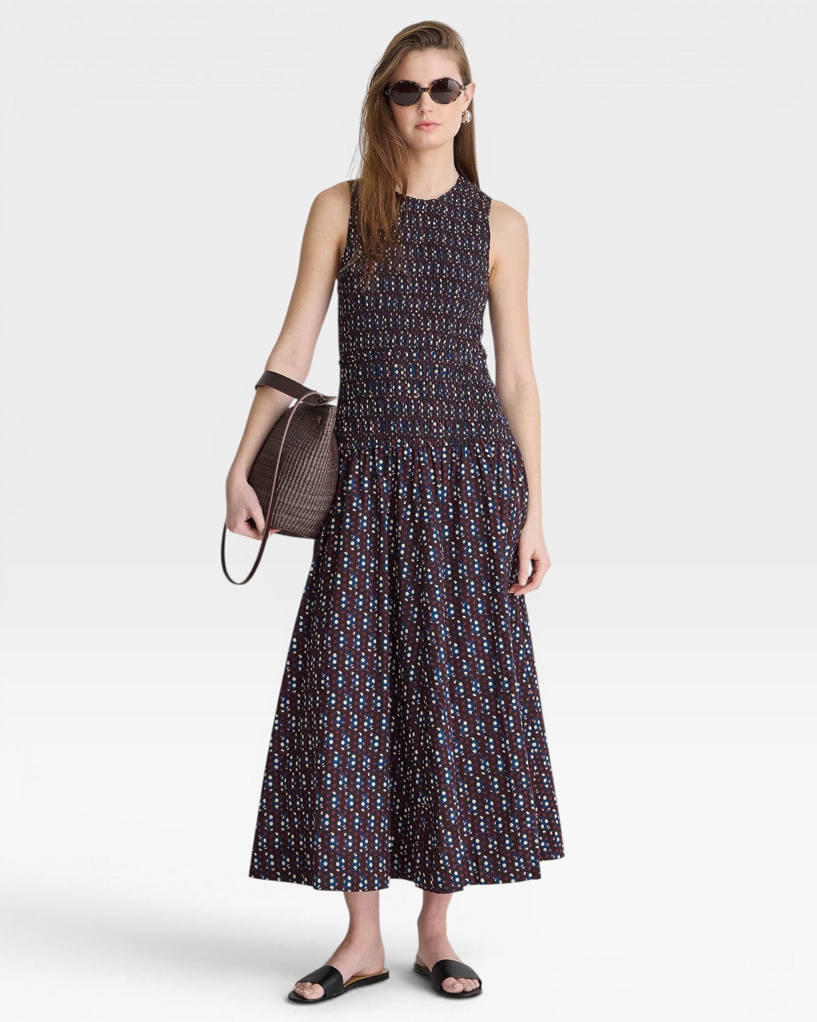 JONES + CO block print polka dot smocked maxi dress with a sleeveless tank top and tiered skirt.