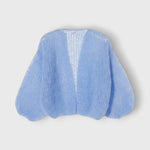 JONES + CO soft blue mohair bomber cardigan with an airy open knit, voluminous sleeves, and a relaxed silhouette.