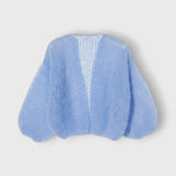 JONES + CO soft blue mohair bomber cardigan with an airy open knit, voluminous sleeves, and a relaxed silhouette.