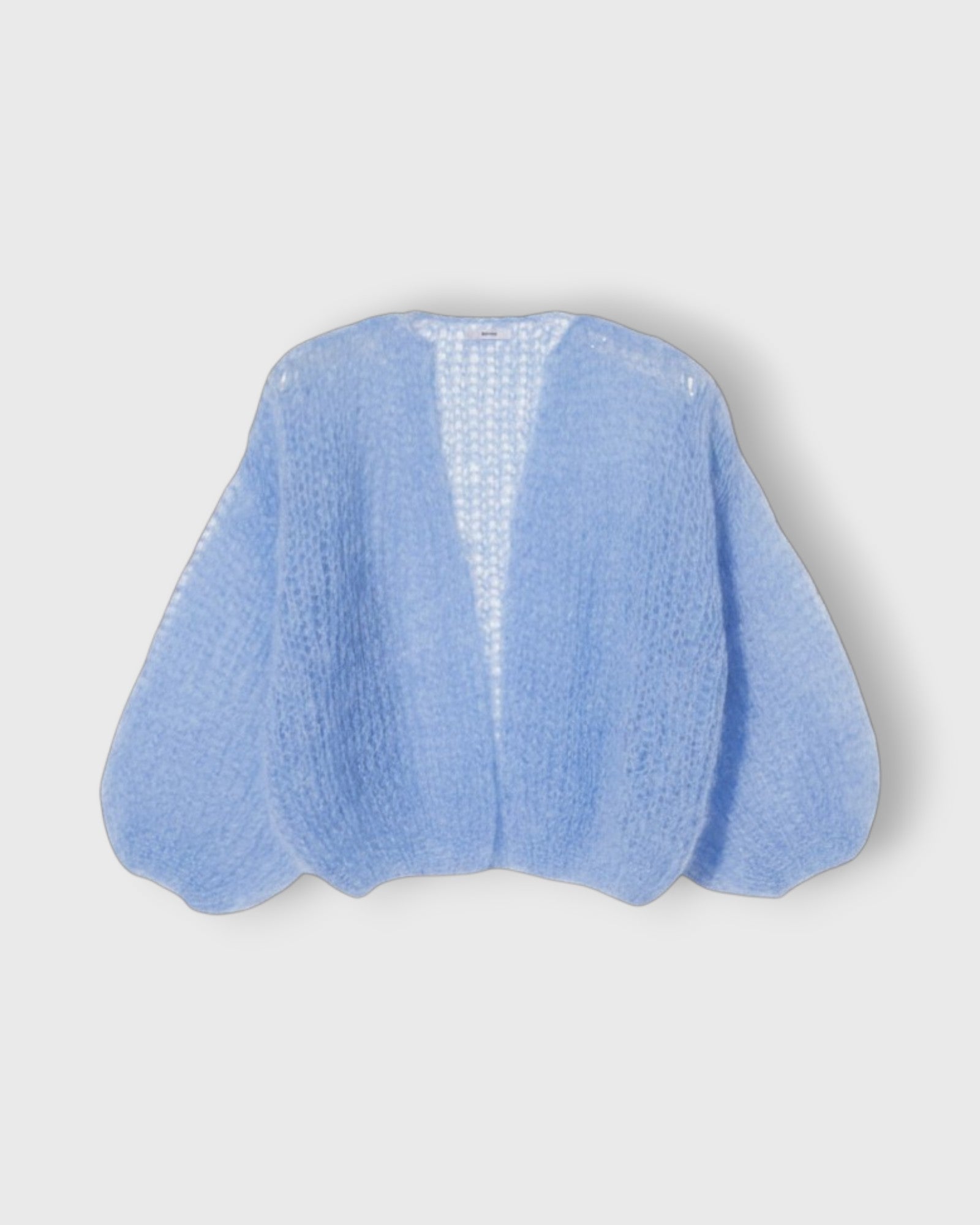 JONES + CO soft blue mohair bomber cardigan with an airy open knit, voluminous sleeves, and a relaxed silhouette.