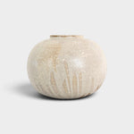 JONES + CO handthrown ceramic vase with a speckled beige finish and subtle vertical texture in a rounded shape.