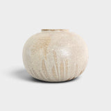 JONES + CO handthrown ceramic vase with a speckled beige finish and subtle vertical texture in a rounded shape.