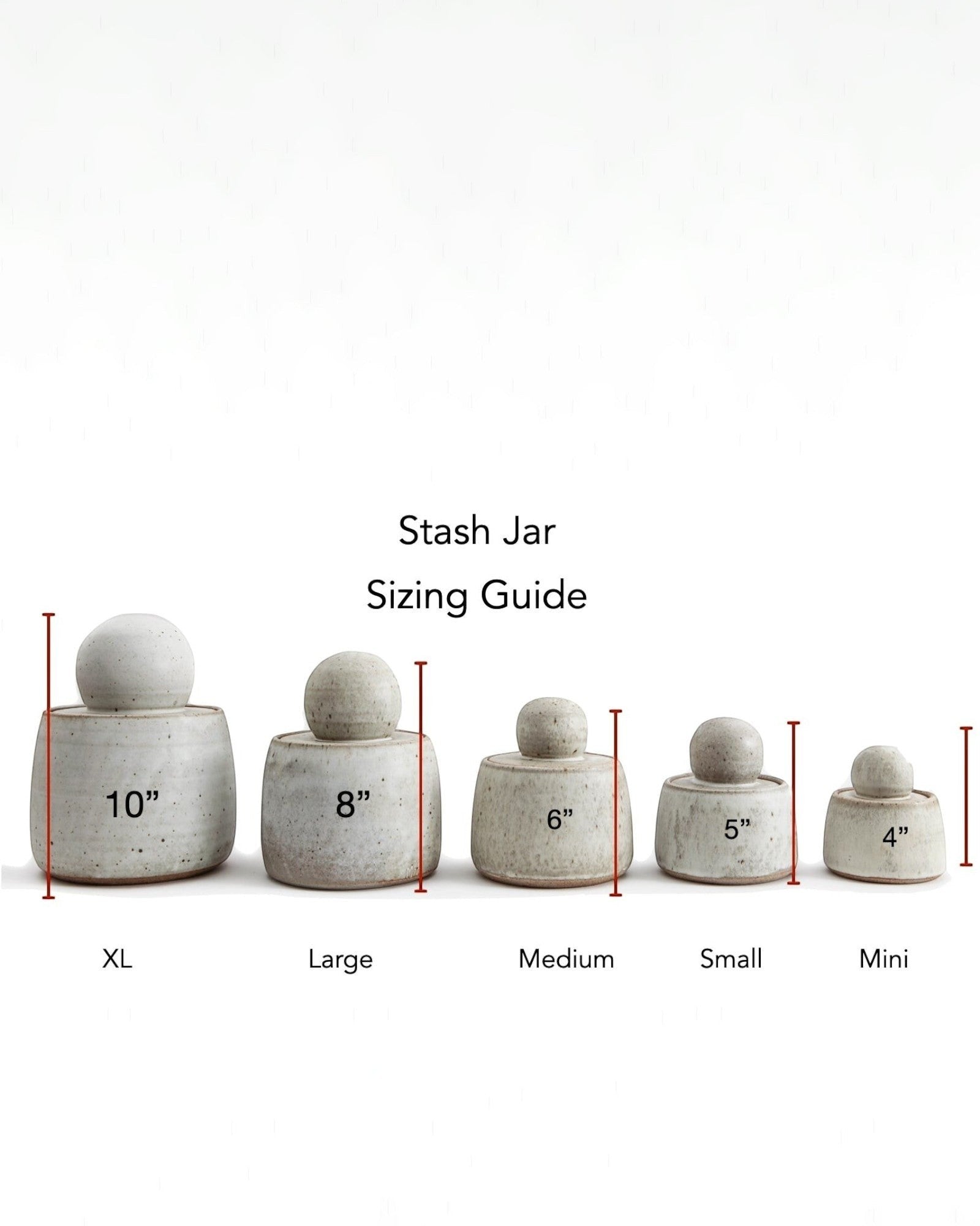 JONES + CO Stash Jars in matte charcoal stoneware with glossy black interior and chunky knob. Sizing guide shows XL, Large, Medium, Small, and Mini jars.