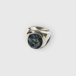 JONES + CO sterling silver statement ring featuring a unique iridescent blue abalone shell inlay
