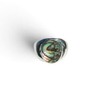 JONES + CO statement ring in .925 sterling silver featuring a unique iridescent blue abalone shell inlay