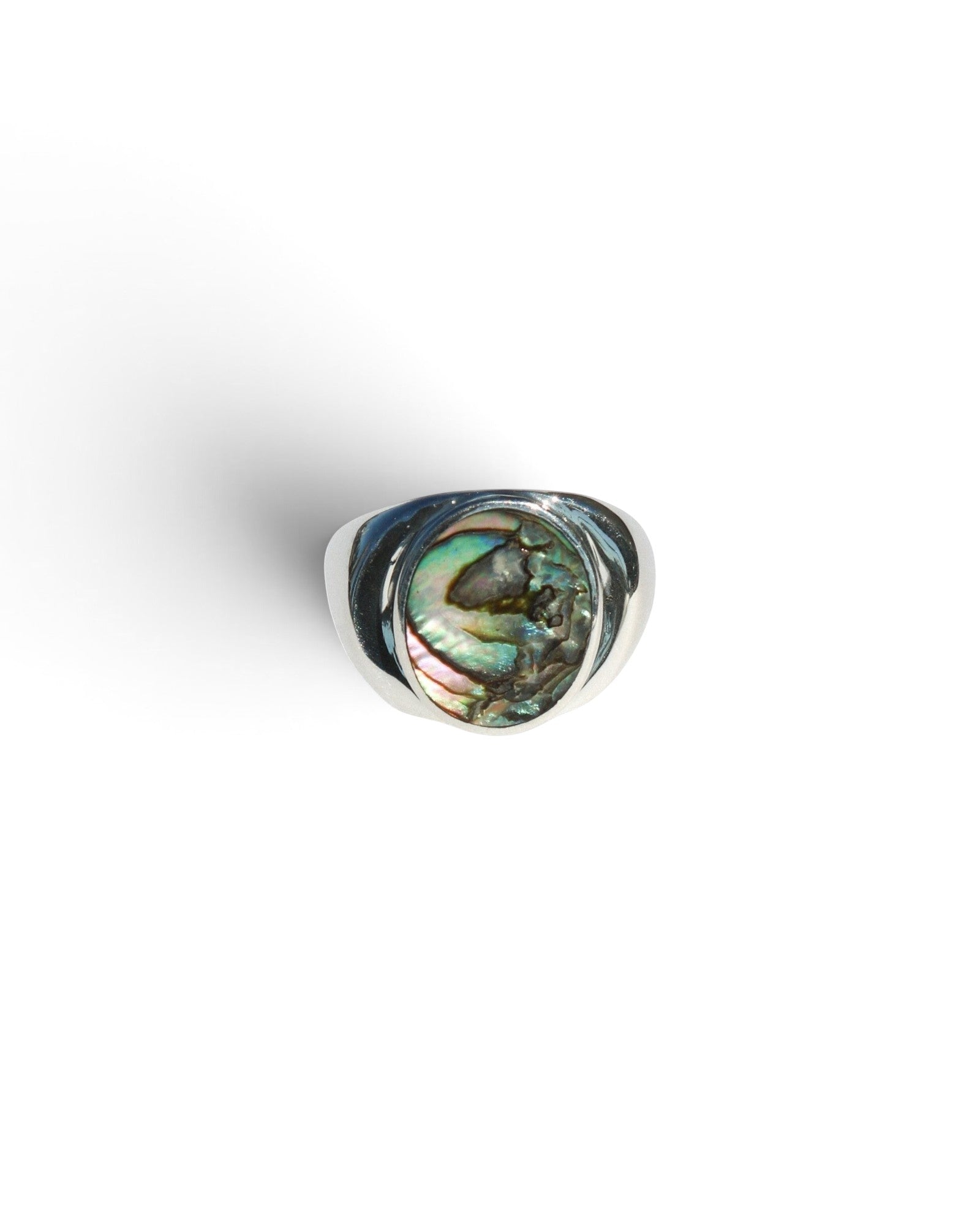 JONES + CO statement ring in .925 sterling silver featuring a unique iridescent blue abalone shell inlay