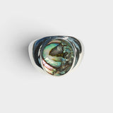 JONES + CO sterling silver statement ring featuring a unique iridescent blue abalone shell inlay, handmade in Mexico.