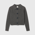 JONES + CO stone grey cashmere cardigan with a classic collar, oversized buttons, and ribbed trim details.