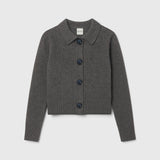 JONES + CO stone grey cashmere cardigan with a classic collar, oversized buttons, and ribbed trim details.
