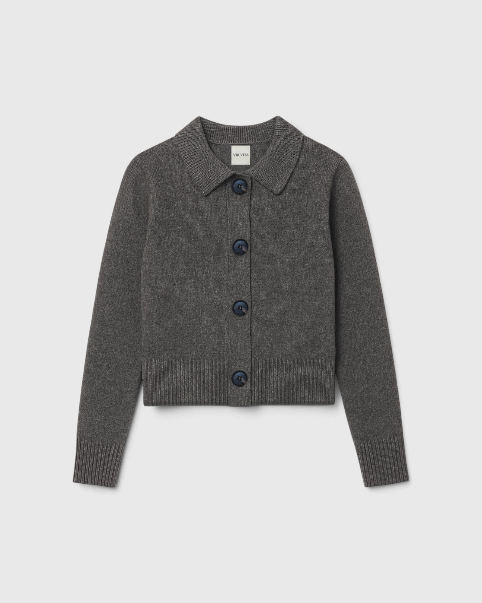 JONES + CO stone grey cashmere cardigan with a classic collar, oversized buttons, and ribbed trim details.