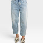 JONES + CO Stover-X relaxed light blue organic cotton jeans with signature X-pockets and a cropped leg fit