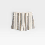 JONES + CO Stripe Veras Short in affogato stripe. Textured fabric with vertical stripes in cream, brown, and grey.