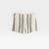 JONES + CO Stripe Veras Short in affogato stripe. Textured fabric with vertical stripes in cream, brown, and grey.
