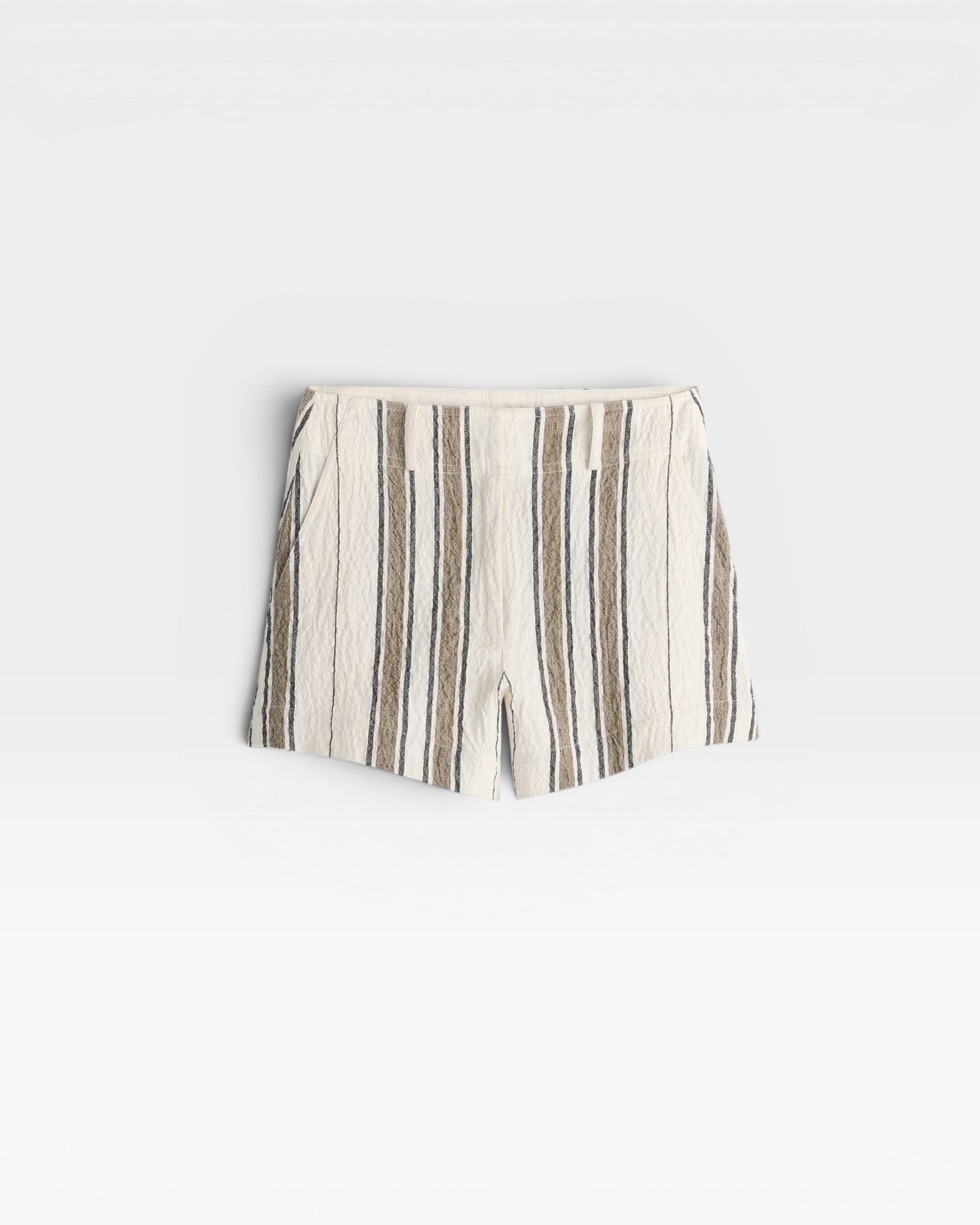 JONES + CO Stripe Veras Short in affogato stripe. Textured fabric with vertical stripes in cream, brown, and grey.