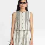 JONES + CO women's textured cream shorts with vertical stripes in brown and green, featuring a drawstring waist and side slits.
