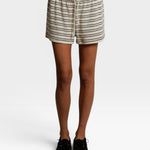 JONES + CO natural and chocolate striped terry loop sweatshorts with an elastic waistband and draw cord.