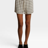 JONES + CO natural and chocolate striped terry loop sweatshorts with an elastic waistband and draw cord.